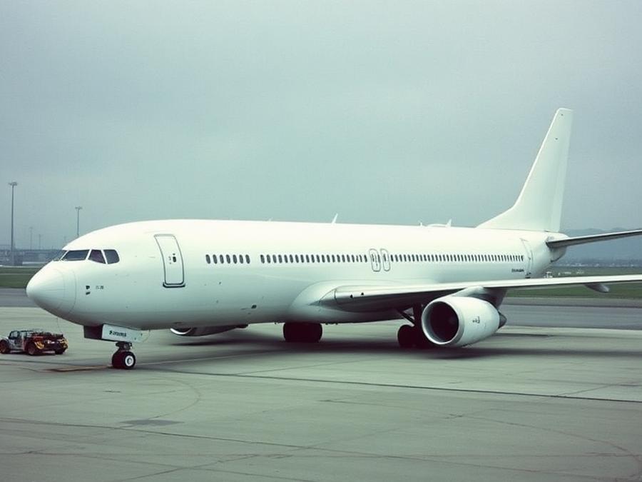 Unmarked white airframe parked on a remote apron